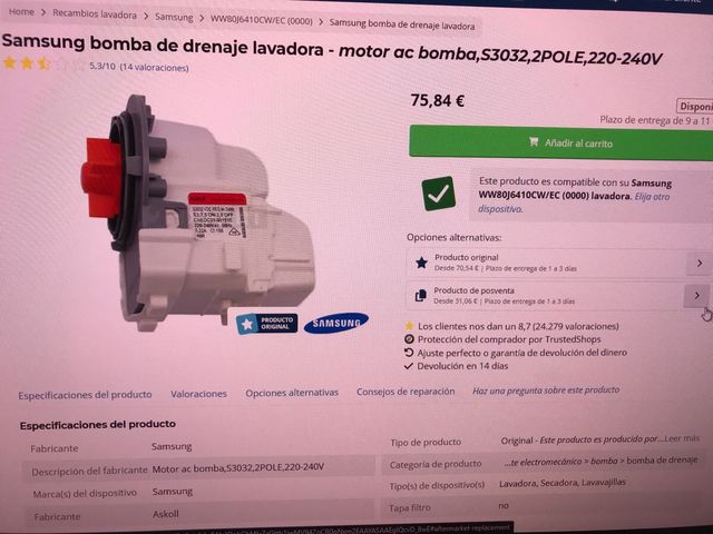 Desague completo lavadora samsung
