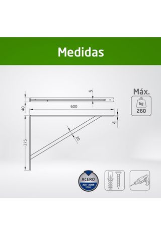 Escuadra de estantería, Escuadra metálica 60x37