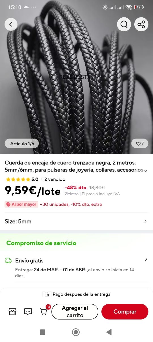 Cuerda de cuero de 3mm para manualidades (pulsera)