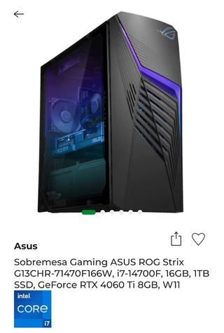 Ordenador gaming Asus ROG I7 14700F Gráfica 4060ti