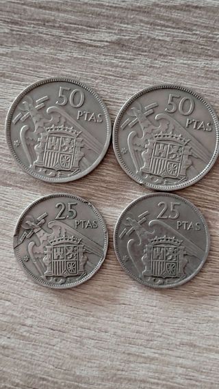 Monedas 50 y 25 pesetas año 1957