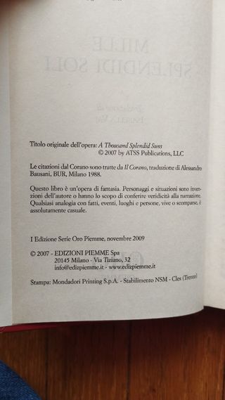 MILLE SPLENDIDI SOLI romanzo KHALED HOSSEINI 2009