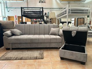 SOFA CAMA 210cm + PUFF GRIS TERCIOPELO NUEVO 
