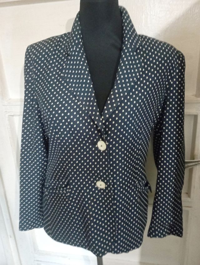 Giacca donna vintage 90 viscosa pois blu bianco L