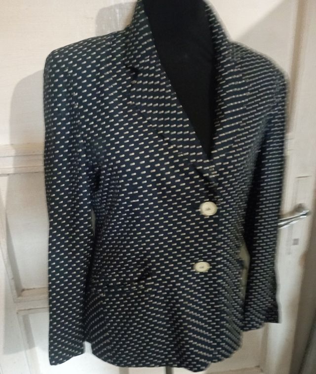 Giacca donna vintage 90 viscosa pois blu bianco L
