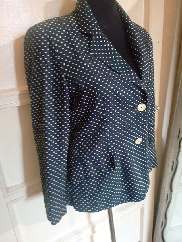 Giacca donna vintage 90 viscosa pois blu bianco L