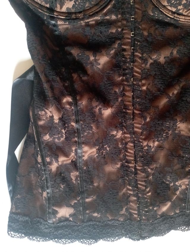 Sexy corpetto reggiseno pizzo raso nero marrone S