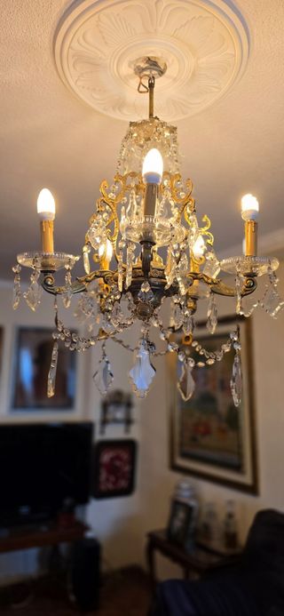 Antigua lámpara de bronce y cristal