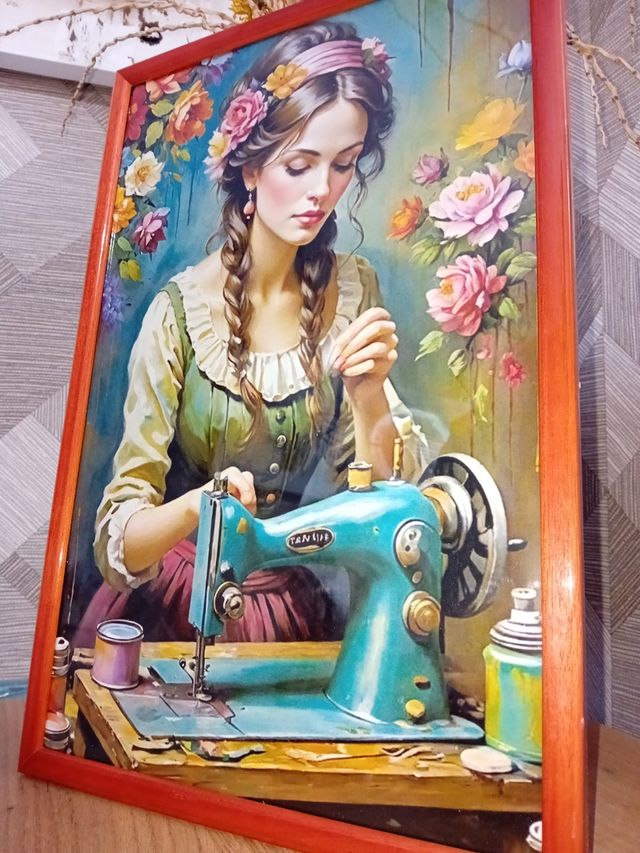 Quadro estilo vintage menina costurando e Frida