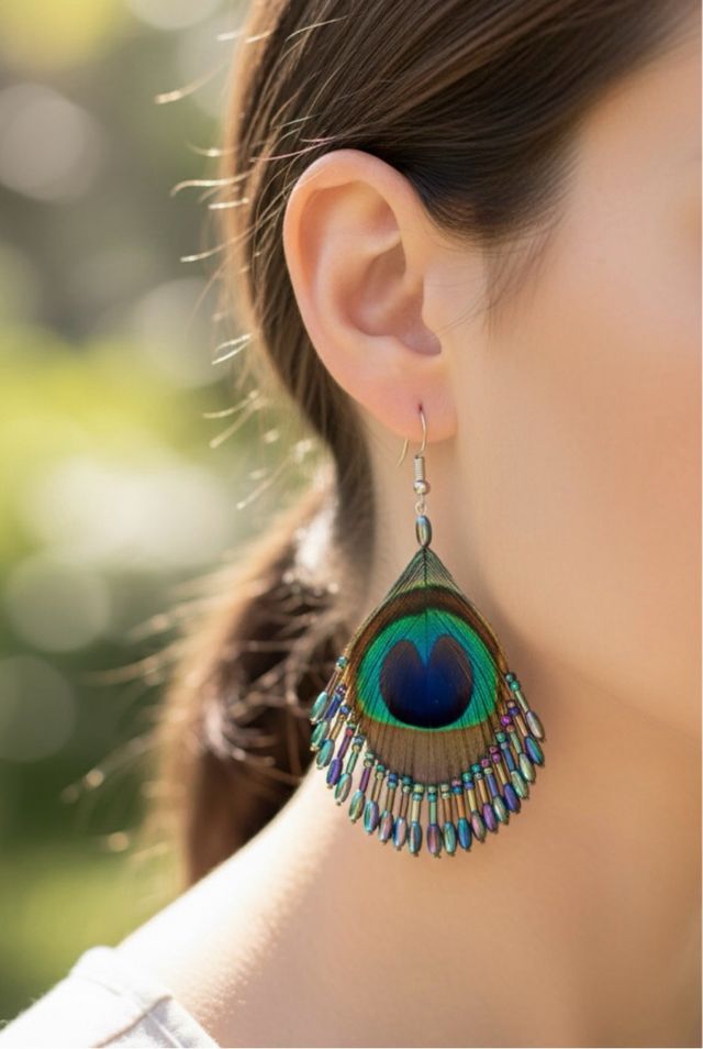 Pendientes plata Krishna pluma pavo real