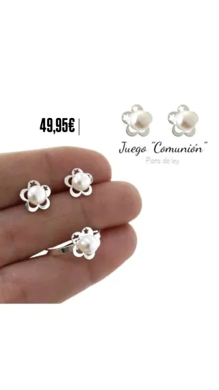 Conjunto Perlas y Flor Calada Plata  comunion