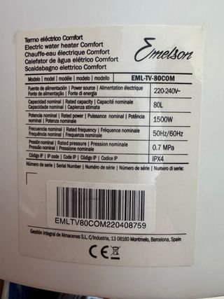 Termo eléctrico Emelson 80L