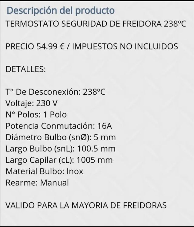 Termostato seguridad freidora 238°C