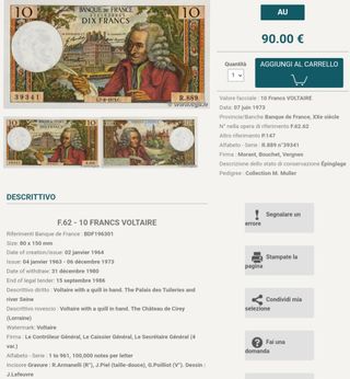 Banconota Frania 1972 Voltaire 1972