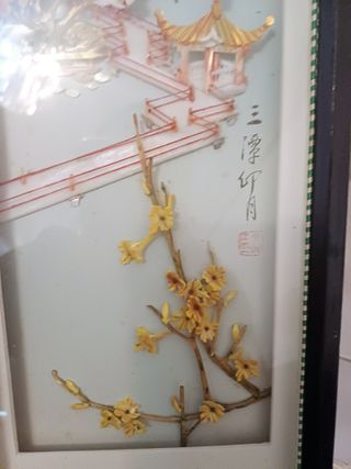 PAREJA ANTIGUOS CUADRO ORIENTAL ARTE JAPON RELIEVE