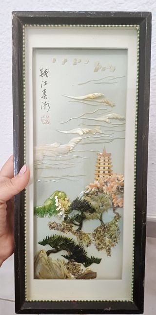 PAREJA ANTIGUOS CUADRO ORIENTAL ARTE JAPON RELIEVE