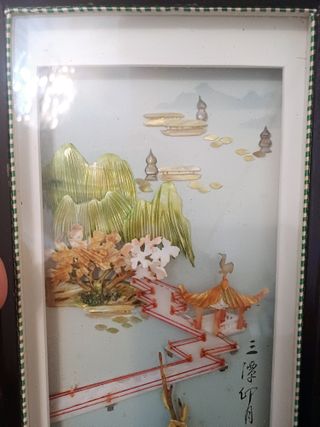 PAREJA ANTIGUOS CUADRO ORIENTAL ARTE JAPON RELIEVE