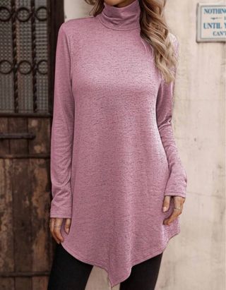 Camisa túnica  larga  rosa cuello alto rosa