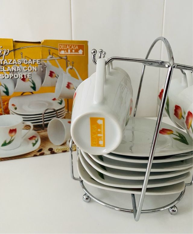 Juego de 6 tazas de café con platos y soporte