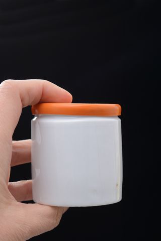 Tarro vintage farmacia loza blanca tapa naranja