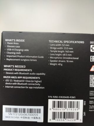 Gafas inteligentes Razer Anzu. Completas. Sin usar