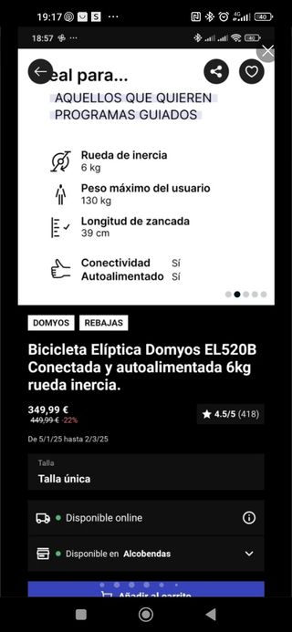 Bicicleta eliptica 520 domyos autoalimentada