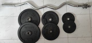 Juego de discos de pesas y barra dominadas