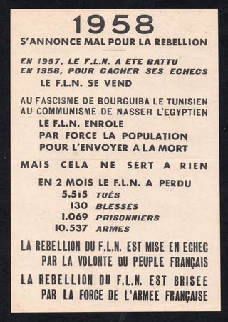 TRACT PROPAGONDE GUERRE D'ALGERIE FLN ARGELIA 1958
