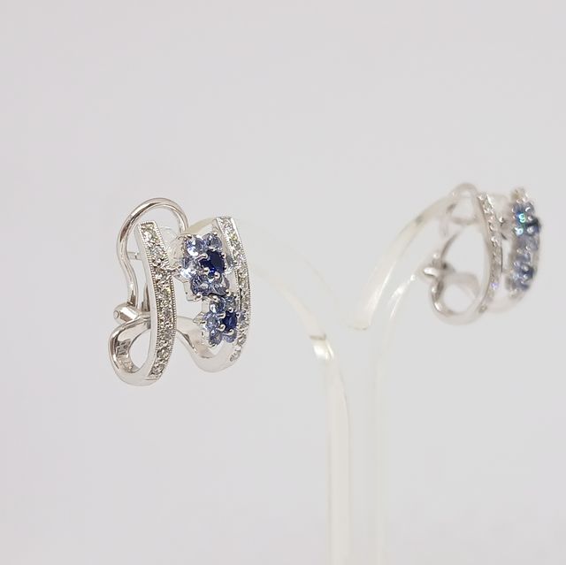 Pendientes Oro Blanco Flores Zafiros Brillantes