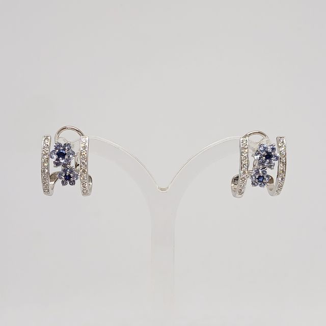 Pendientes Oro Blanco Flores Zafiros Brillantes