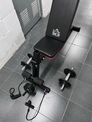 Banco pesas mancuernas discos barra dominadas