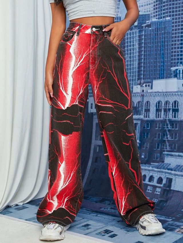 Jeans talle alto con estampado de relámpago Shein