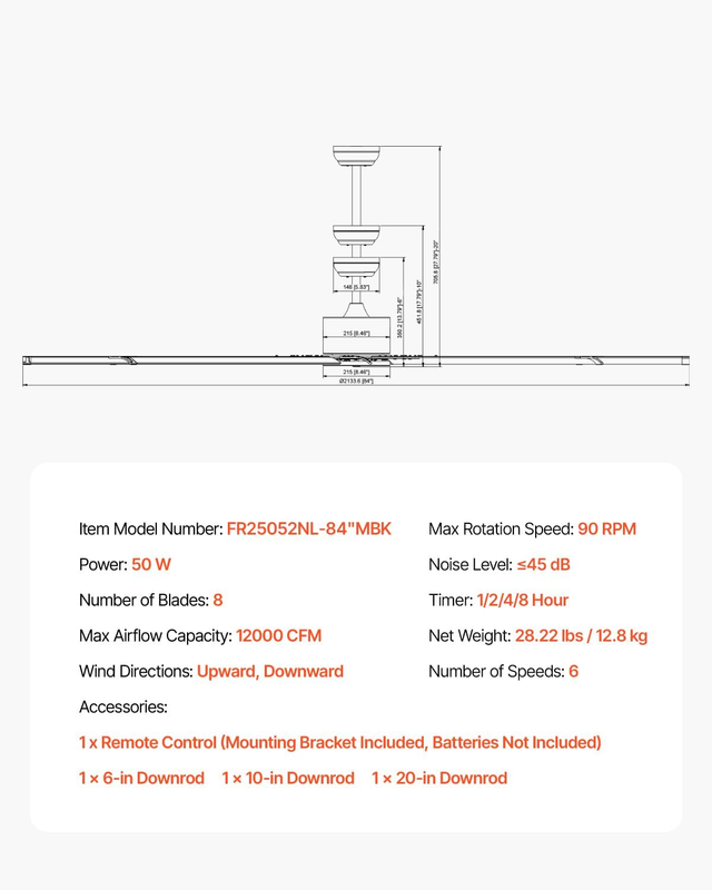 Ventilatore da Soffitto da 213 cm Senza Luce