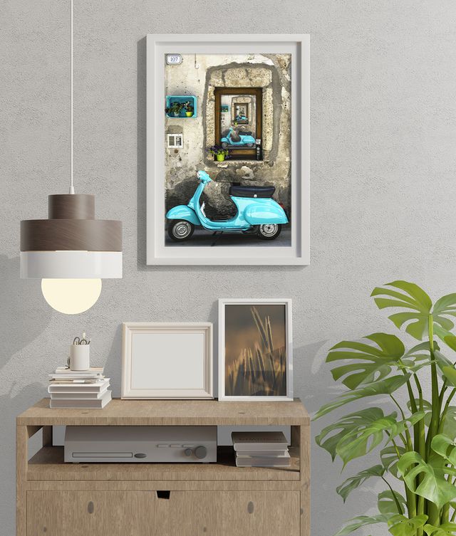 Poster fotografico creativo Vespa blu