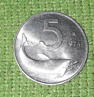 Moneta da lire 5 del 1974