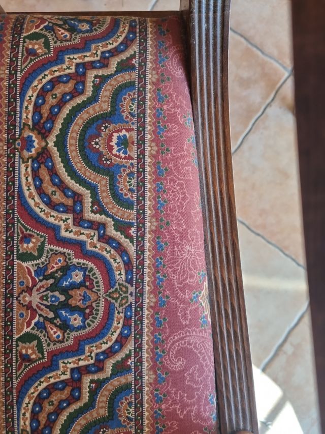 Sedia barocca inglese, braccioli, tessuto damascato