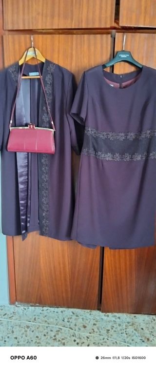 PACK vestido+chals+bolso,color cereza