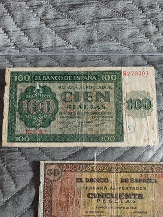 Billetes de 100 y 50 ptas de Burgos 