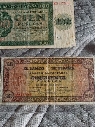 Billetes de 100 y 50 ptas de Burgos 