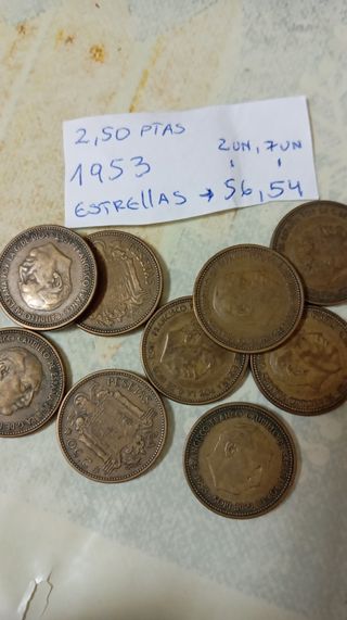 Lote de 9 monedas de 2.5 pesetas 1953
