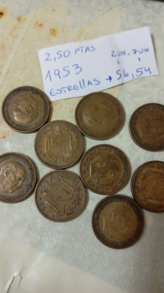 Lote de 9 monedas de 2.5 pesetas 1953