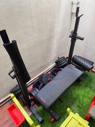 Banco pesas barra discos soporte squat rack