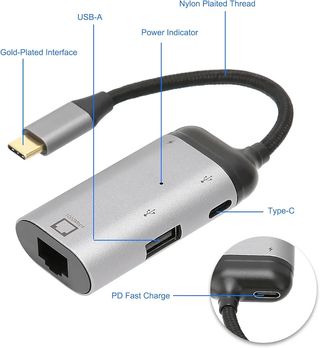 Adaptador Ethernet USB C a RJ45, 3 en 1
