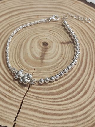 Pulsera bolas y cordón con oso macizo plata