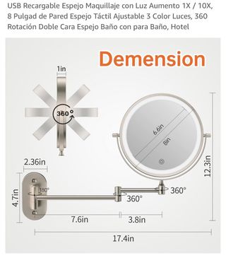 Espejo de tocador regulable con aumento y luz
