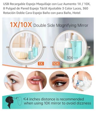 Espejo de tocador regulable con aumento y luz