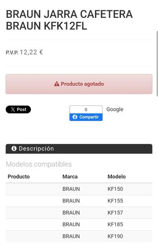 RECAMBIO JARRA CAFETERA BRAUN KFK 12 FL