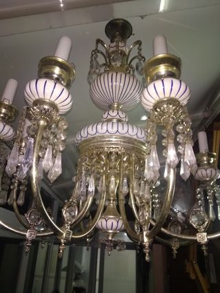 Preciosa lámpara antigua de cristal y cerámica