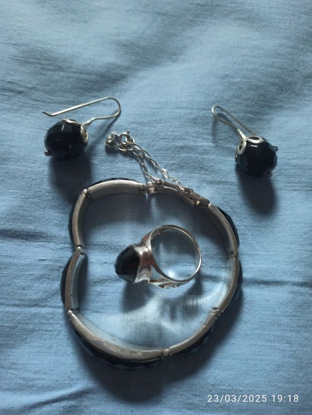 Conjunto de plata pulsera,pendientes y anillo