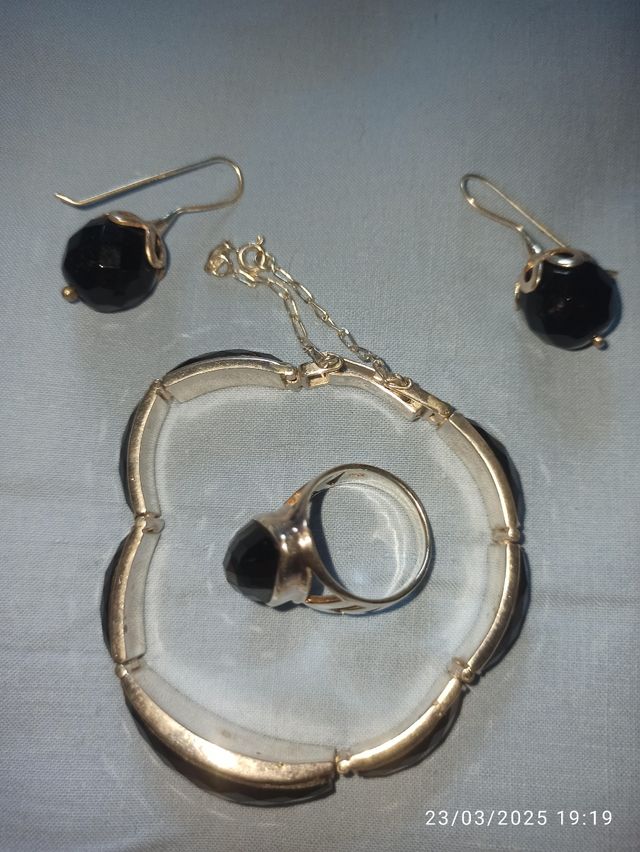 Conjunto de plata pulsera,pendientes y anillo